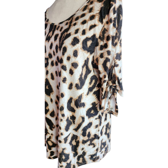 Amana Leopard Animal Print Embroidered Tie-Sleeve Tunic Top Women's L - Picture 3 of 11